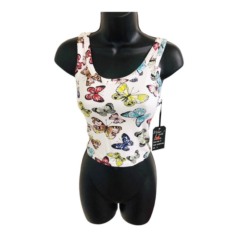 White‎ butterfly print cropped round neck stretch tank top size Small new